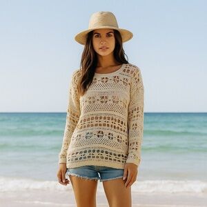 Vintage Style New York Crochet Lace Floral Sweater MED Boho Cottagecore Festival